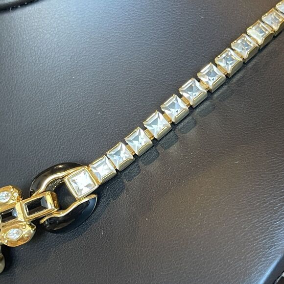 Vintage 1980s Gold Tone Black Enamel CZ Statement Necklace 15-18” Retro Jewelry - Picture 4 of 10
